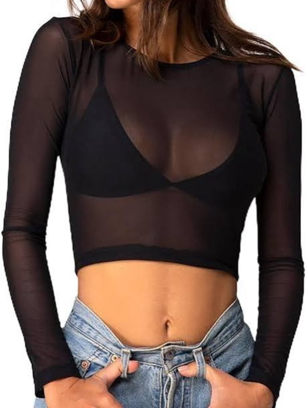 ADOME Mesh Sheer Black long sleeve Crop Top lightweight soft stretchy Size Large